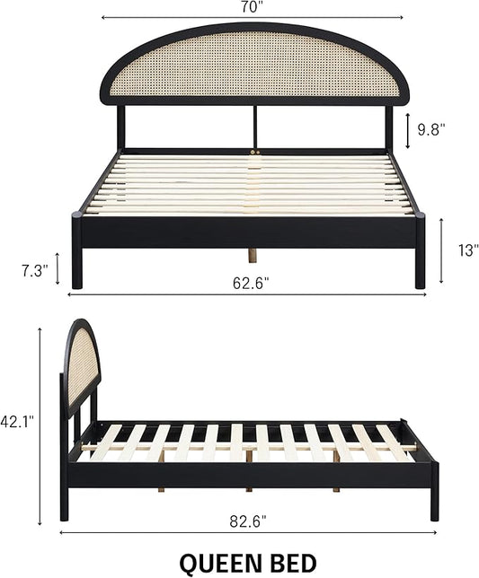 NTC Gem Wooden Bed Frame with Headboard and Natural Rattan, Solid Oak Foundation with Silent Slats, 1000 Lb Capacity, Effortless Assembly, Queen - Burnt Black