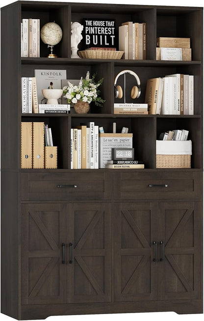 HOSTACK 71" Tall Bookcase with Drawer and Door, 47" Wide Book Shelf and Bookcase with Storage, 6 Tier Large Book Storage Cabinet with 14" Deep Display Shelves for Living Room, Home Office, Dark Brown