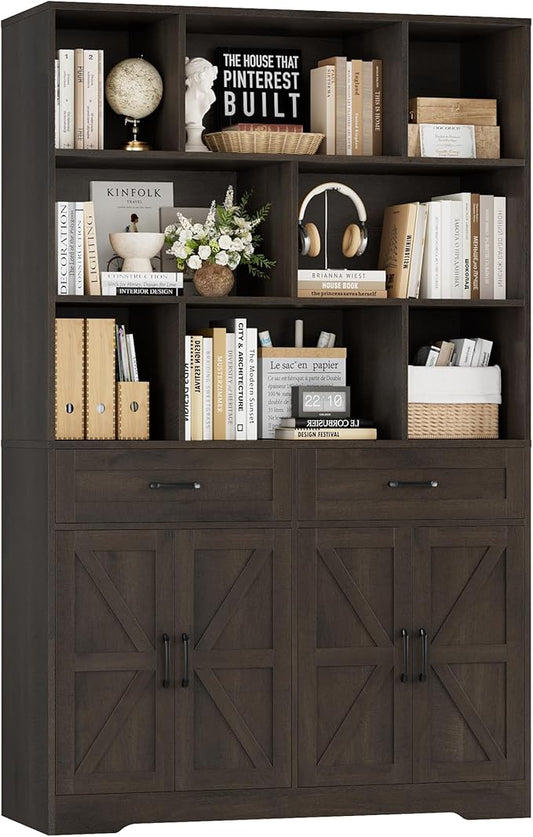 HOSTACK 71" Tall Bookcase with Drawer and Door, 47" Wide Book Shelf and Bookcase with Storage, 6 Tier Large Book Storage Cabinet with 14" Deep Display Shelves for Living Room, Home Office, Dark Brown