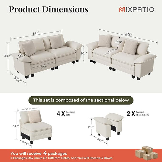 L-Shaped Cloud Modular Sofa Set, 4-Piece Double Loveseat Sectional w/Deep Seat & Removable Arms, Plush Chenille for Living Room - Beige