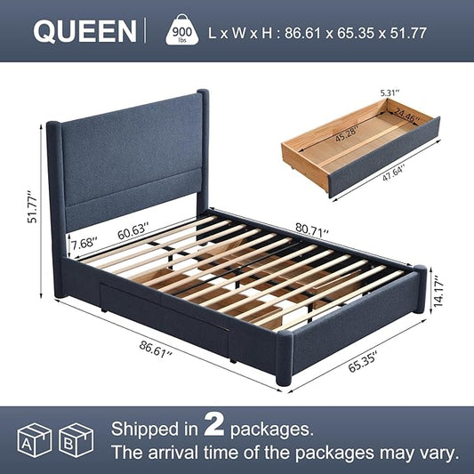 VELOCAVA Queen Size Upholstered Bed Frame with 51.77" Tall Headboard and Soft Rounded Corners, Side Storage Drawers, 12-Slat Support, No Box Spring Needed, Linen-Blend Fabric, Dusty Blue