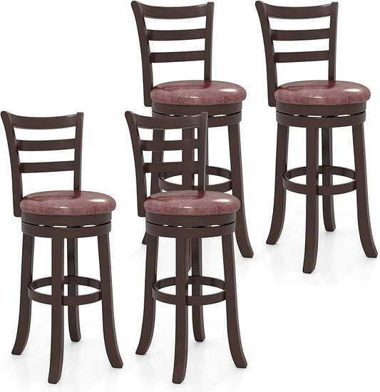 COSTWAY 30” Bar Height Stools Set of 4, Swivel l High-Top Chairs with Backrest & Faux Leather Padded Seat, Rubber Wood Barstools with Footrest for Kitchen, Dining Room, Pub (4,30'')