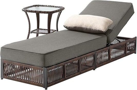 Luxury 2PCS Outdoor Chaise Lounge and Side Table Set with 5 Inch Thick Cushions - High Back Brown Wicker Patio Recliners Chairs Lounger for Poolside Pool Porch Garden Sunbathing - Grey