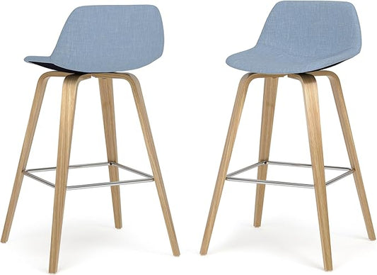SIMPLIHOME Randolph Counter Stools (Set of 2) - 28 Inch Seat Height Upholstered Bentwood Kitchen Seats in Denim Blue Polyester Linen, Mid Century Modern Seating with Curved Backrest and Footrest