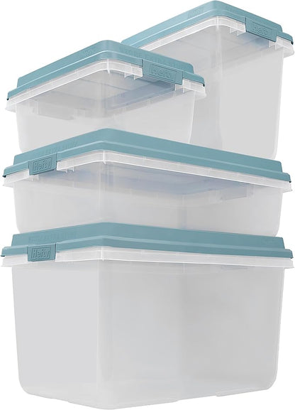 Hefty HI-RISE 32 Qt Stackable Storage Bins with Lids – 6 Pack Clear Plastic Under Bed Storage Containers, Shoe Organizer Boxes with XL Lid-Locking Latches, Comfort-Grip Handles, Durable Double Rim