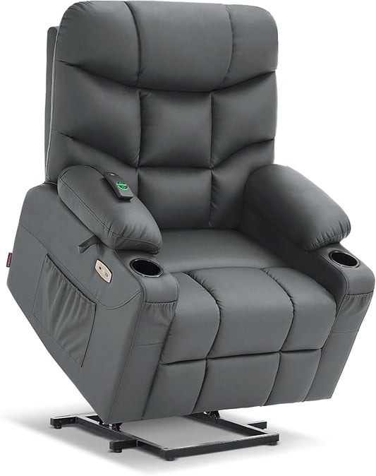 MCombo Power Lift Recliner Chair with Extended Footrest for Elderly People, Faux Leather 7287 (Dark Grey, Medium)