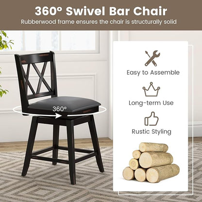 COSTWAY Bar Stool Set of 2 for Kitchen Island, 25" Counter Height Chair with Ergonomic Backrest, Foot Rest, Waterproof PVC Surface & Solid Wood Structure, 360°Swivel Farmhouse Barstool with Back