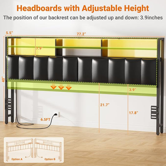 Aheaplus Headboard for King Size Bed with Storage, Upholstered Headboards with Outlets, USB Ports and LED Light, Reversible King Size Head Board, Height Adjustable, Comfortable Headboard, Black