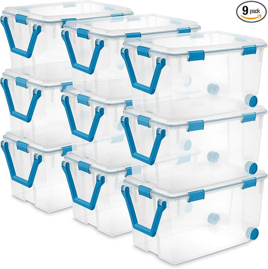 Sterilite 9-Pack Gasket Box, Weather-Resistant Storage Bins with Latching Lids, 120 Quart - Heavy-Duty Organizing Containers for Closet, Bathroom, and Office