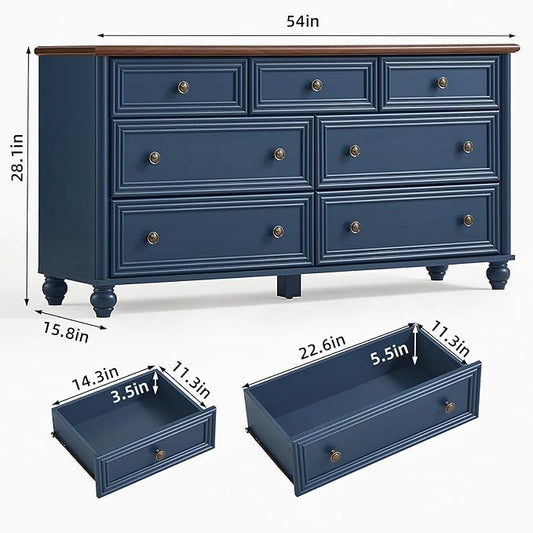 7 Drawers Dresser for Bedroom, Farmhouse 54" Wide Wood Dressers Chest of Drawers, Vintage Design TV Stand, Rustic Storage Dresser Organizer with Metal Handle Closet for Living Room, Hallway