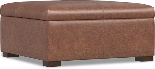 SIMPLIHOME Gabbie 36 inch Wide Contemporary Square Square Coffee Table Storage Ottoman in Distressed Saddle Brown Vegan Faux Leather, Assembled, for The Living Room, Entryway and Family Room