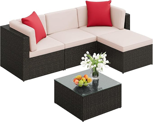 JUMMICO 5 Pieces Patio Furniture Set, Outdoor Sectional Sofa Conversation Sets, Couch Rattan Chair Wicker with Ottoman Cushion, Glass Tea Table and Pillows for Backyard Porch Garden Pool Balcony,Beige