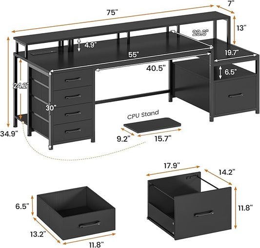SEDETA 75'' Computer Desk with 5 Drawer, Power Outlet & Led Lights, Home Office Desk with File Drawer, Storage Shelves, Printer Cabinet and Monitor Shelf, 23.6" W Large Desktop Gaming Desk, Black