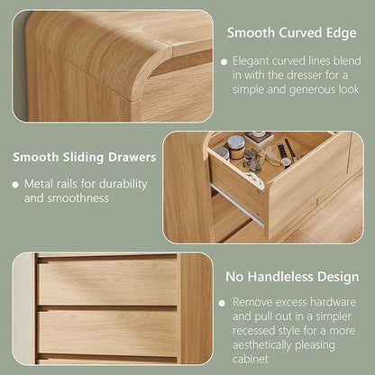 Modern 7 Drawers Dresser for Bedroom, 47" Wide Wood Dressers & Chests of Drawers w/Curved Profile Design, Mid Century Modern Dresser w/Natural Texture for Bedroom, Living Room, Natural Oak