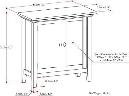 SIMPLIHOME Redmond SOLID WOOD 32 inch Wide Transitional Low Storage Cabinet in Hickory Brown for the Living Room, Entryway and Family Room