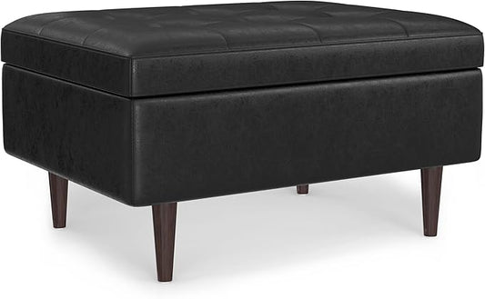SIMPLIHOME Shay 34 inch Wide Mid Century Modern Small Rectangle Coffee Table Storage Ottoman in Distressed Black Vegan Faux Leather, Assembled, for The Living Room, Entryway and Family Room