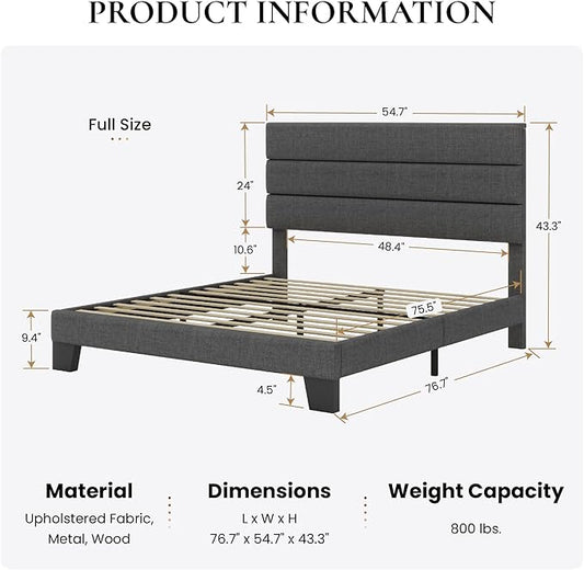 SHA CERLIN Full Platform Bed Frame with Upholstered Fabric Headboard, Mattress Foundation with Strong Wooden Slats Support, No Box Spring Needed, Grey