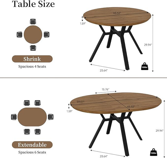 43.2"-59.1" Extendable Round Dining Table for 4-6 People, Modern Kitchen Oval Dining Table with Flexible Leaves Space Saving, Metal Base for Kitchen Dining Room (Walnut)