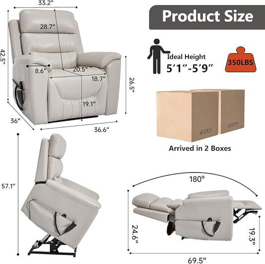 PELUMY Power Lift Recliner Chair for Elderly with Massage and Heat, Dual Motor Heavy Duty 350lbs Recliner, 8-Point Vibration & Lumbar Heating, Electric Lift Chair (Breathable Leather, Light Grey)