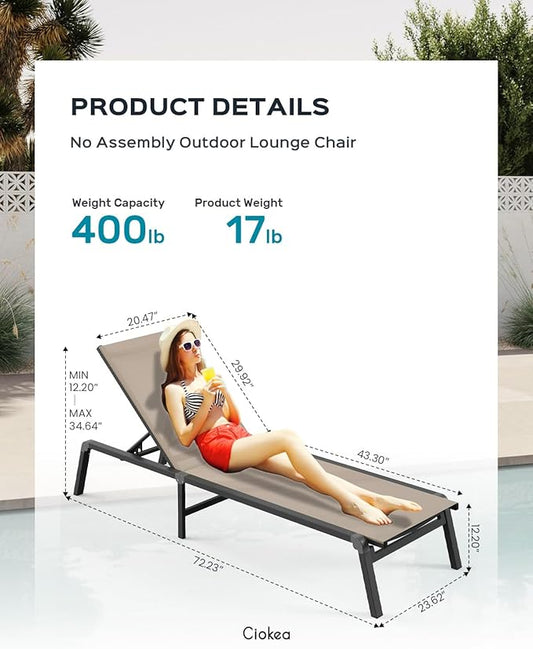 Patio Chaise Lounge Chair Set of 4, Foldable Lounge Chair for Outside, Aluminum Chairs with 5 Adjustable Backrest, Outdoor Pool Lounger for Poolside, Lawn, Deck, Khaki