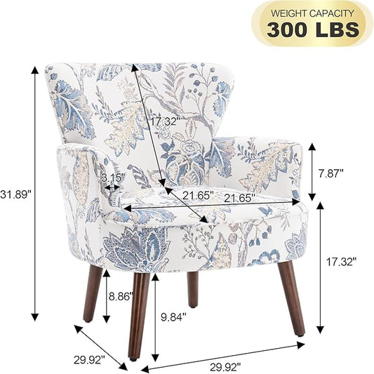 Floral Accent Chair, Upholstered Living Room Chairs with Solid Wood Legs, Mid Century Modern Velvet High Back Armchair for Living Room, Bedroom, Blue