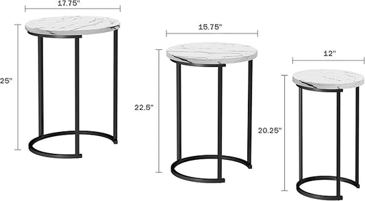 Lavish Home Nesting Tables - Set of 3 Round Side Tables for Living Room, Bedroom, or Home Office - Faux Marble End Table Set - Modern Living Room Furniture (White)
