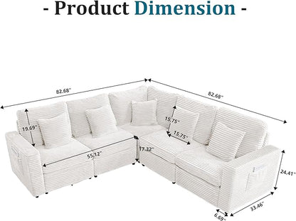 Oversized Corner Modular Sectional Sofa, L Shape Plush Corduroy Fluffy Sectional Couch with Pillows, 5 Seat Modular Sofa with Deep Seat for Living Room-White