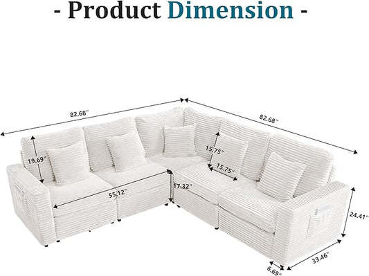 Oversized Corner Modular Sectional Sofa, L Shape Plush Corduroy Fluffy Sectional Couch with Pillows, 5 Seat Modular Sofa with Deep Seat for Living Room-White