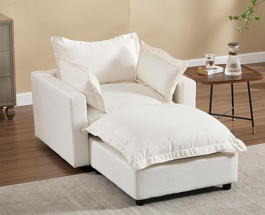 chairus 39.5" Chaise Lounge Chair Indoor with Ottoman, Upholstered Single Sofa Couch Chair Oversized Linen Reading Armchair for Living Room, Bedroom, Reception Room, Apartment, White