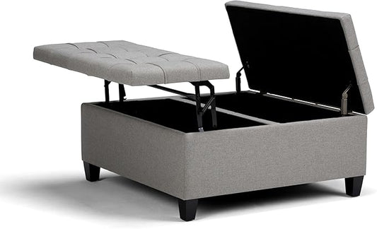 SIMPLIHOME Harrison 36 inch Wide Transitional Square Coffee Table Storage Ottoman in Dove Grey Linen Look Fabric, Assembled, for the Living Room and Bedroom
