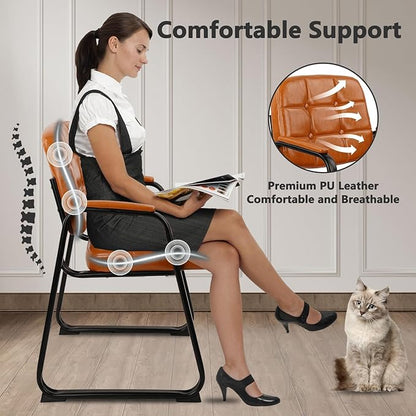 CLATINA Waiting Room Chairs with Padded Arms Leather Guest Chair no Wheels for Office Reception and Conference Desk with Sled Base Orange, 4PK
