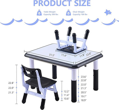Kids Table & Chairs Set (2 Chairs), Height Adjustable Toddler Table and Chair Set for Kids Ages 3-8 with Graffiti Desktop, Learning & Art Activity Desk for Classroom, Home, Daycare (Black)