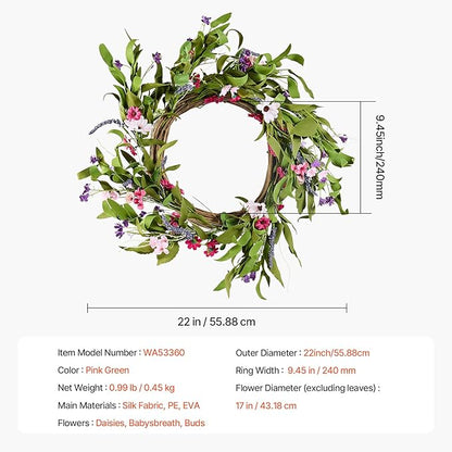 VEVOR Spring Wreath for Front Door 22 Inch - Large Artificial Flower Wreath with Daisy & Lavender, Year-Round All Season Outdoor Indoor Door Decor