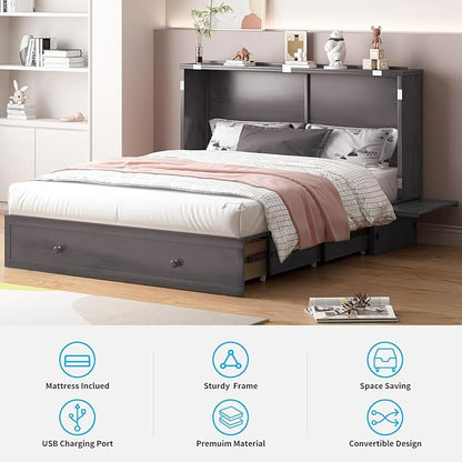 Mjkone Queen Murphy Bed Cabinet, Cabinet Bed with Built-in Charging Station, Storage Drawer, Solid Wood Cabinets Bed with Tri-fold Mattress, Cube Murphy Chest Beds for Guest Room, Home, Office, Grey