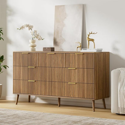 LYNSOM Fluted Dresser and Nightstand Sets 2 Piece, 1-Drawer Nightstands and 7-Drawers Dresser, Wood Bedroom Furniture Set for Home, Bedroom, Hallway, Natural Oak