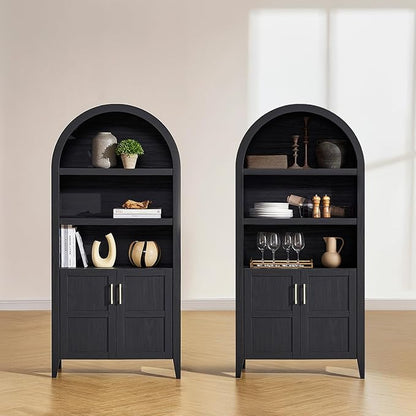 mopio Lauren 65.4" Short Arched Cabinet, 5-Tier Arched Bookcase with Doors and Shelves, Mini Arch Bookshelf with Storage, Wooden Storage Cabinet for Living Room and Kitchen Pantry (Set of 2, Black)