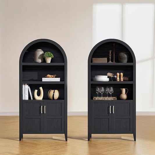mopio Lauren 65.4" Short Arched Cabinet, 5-Tier Arched Bookcase with Doors and Shelves, Mini Arch Bookshelf with Storage, Wooden Storage Cabinet for Living Room and Kitchen Pantry (Set of 2, Black)