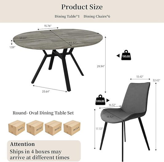 Extendable Round Dining Table Set for 6 People, 43.3"-59.1" Extendable Kitchen Table with 6 Upholstered Chairs, Space Saving for Kitchen Dining Room (Grey Table+6 Grey Chairs)