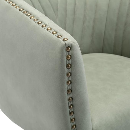 Green Faux Leather Home Office Desk Chair, Upholstered Barrel Swivel Adjustable Arm Desk Chair with Nailheads, Comfy Mid-Back Study Chair with Silent Wheel for Study Office Computer