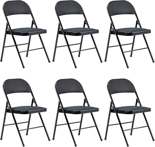 6 Pack Black Folding Chairs with Padded Seats, Portable Stackable Foldable Chairs for Indoor and Outdoor, Commercial Seat with Metal Frame for Events Office Wedding Party, 330lbs Capacity