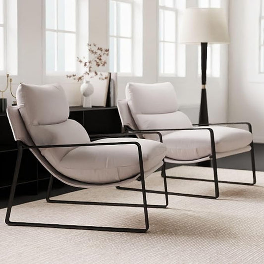 LukeAlon Modern Linen Accent Armchairs Set of 2, Upholstered Soft Living Room Chairs with Metal Base Removable Thickened Cushion Sofa Chairs Comfy Lounge Chair for Bedroom Living Room, White