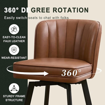 Swivel Counter Height Bar Stools Set of 2, 30'' Modern Barstools with Backs and Metal Legs, Upholstered Bar Chairs, Faux Leather Dark Brown Stools for Kitchen Island Chairs