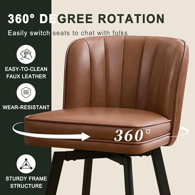Swivel Counter Height Bar Stools Set of 3, 26'' Modern Barstools with Backs and Metal Legs, Upholstered Bar Chairs, Faux Leather Dark Brown Stools for Kitchen Island Chairs