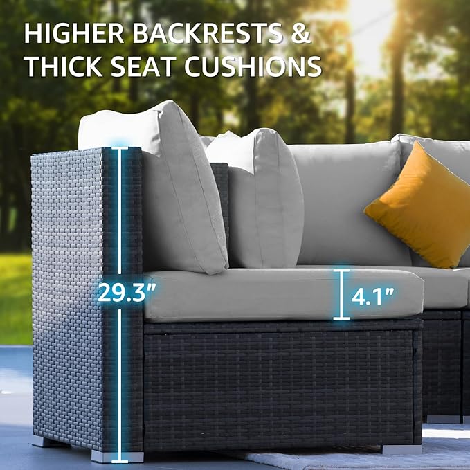 NICESOUL 13 Piece Outdoor Wicker Furniture for Patios with Fire Pits, Oversize Grey Outside Patio Set with Matching Lounges, 29.3" High Back Sectional Couch Sets for Tall Big People for Poolside, Yard