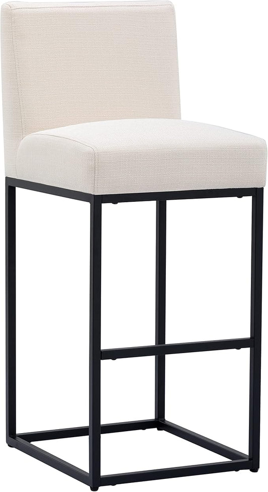 31" Height Cream Fabric Bar Stool, Counter Height Stool with Back and Footrest for Kitchen Modern Metal Barstool, Linen Upholstered Farmhouse Bar Chair Island Stool