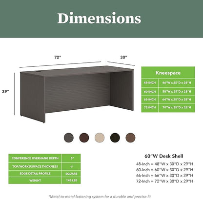 HON MOD Executive Desk 72-Inch Large Computer Desk Shell, Thick Wooden Laminate, Modern Table with Cord Management, 72" W x 30" D x 29" H, Slate Teak