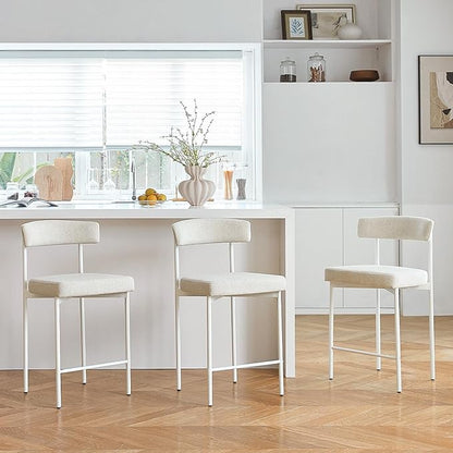 Beige Modern Bar Stools Set of 3, 24 Inch Counter Stools with Curved Backrest, Counter Height Bar Stools for Kitchen Island