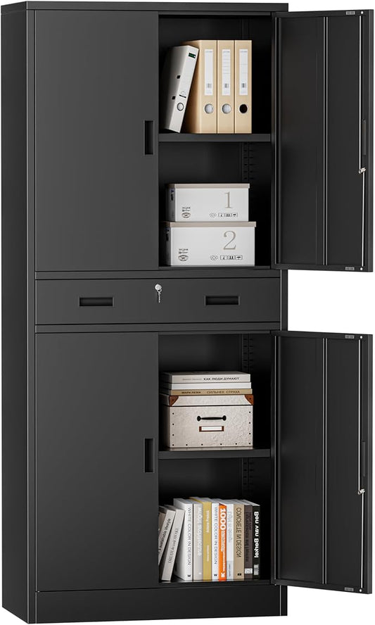 Metal Storage Cabinets with 1Drawer, 71" Storage Cabinet with 4 Locking Doors and 2 Adjustable Shelves, Steel Storage File Cabinet for Pantry Home, Kitchen, Office, Garage (Black)