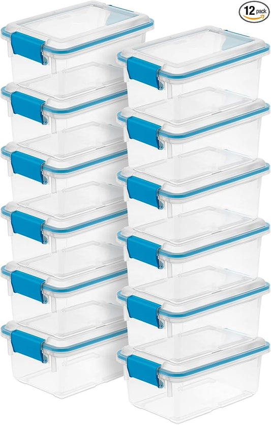 Sterilite 12-Pack Gasket Box, Weather-Resistant Storage Bins with Latching Lids, 7.5 Quart - Heavy-Duty Organizing Containers for Closet, Bathroom, and Office