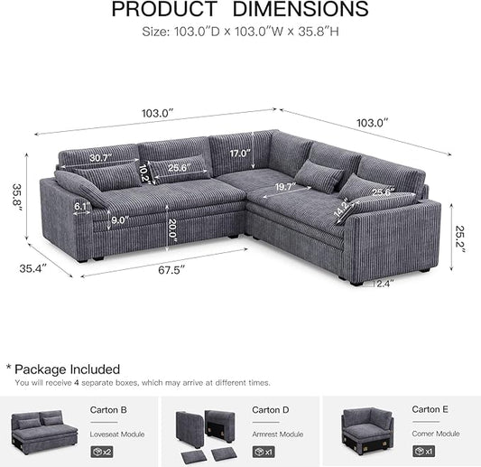 Belffin Large Modular Sectional Sofa with Double 61" Loveseat, Corduroy Corner Couch with 9" Soft Dual-Layer Seats Cushion for Living Room, Apartment, Small Sapce, Light Grey